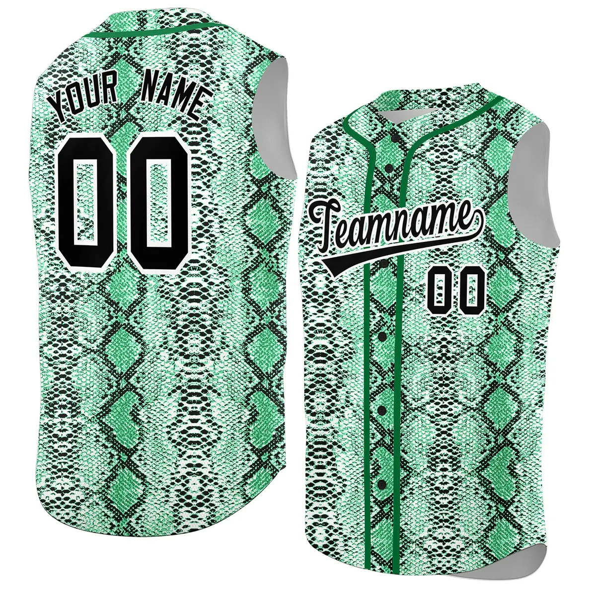 Kelly Green Snakeskin Pattern Sleeveless Baseball Jersey