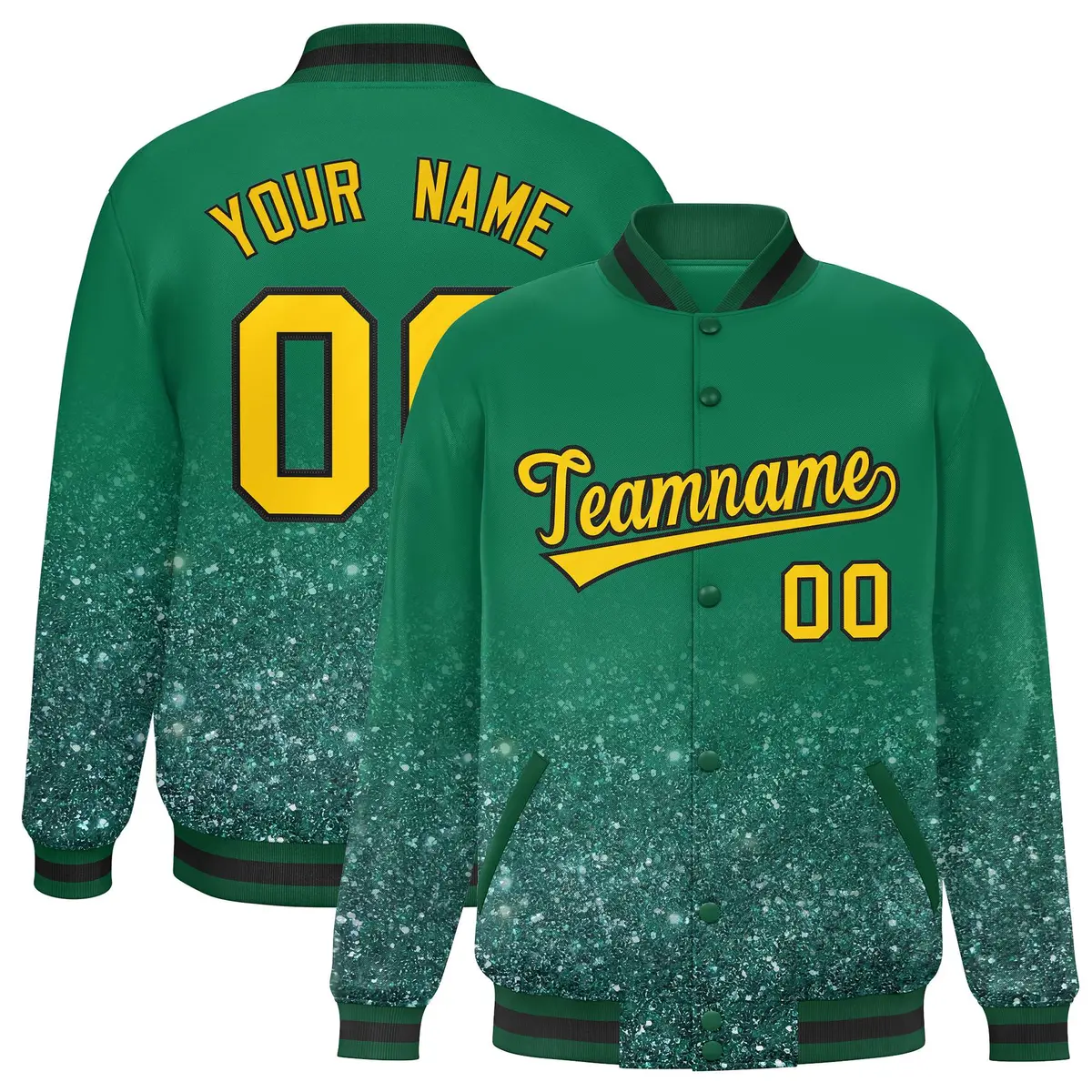 Kelly Green Sparkle-Effect Varsity Letterman Baseball Jacket