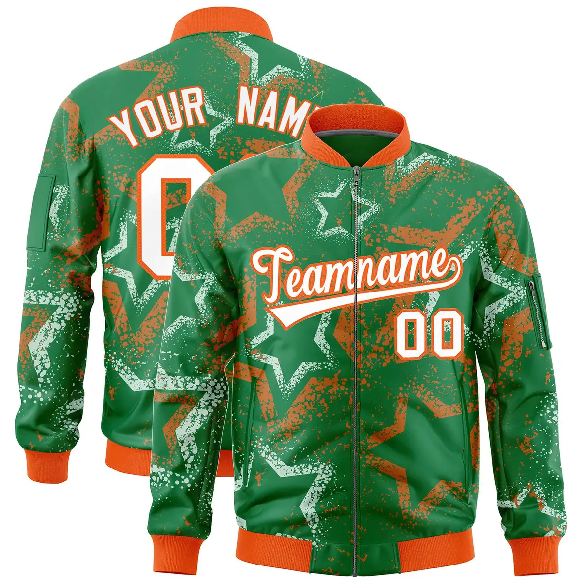 Kelly Green Star Pattern Varsity Letterman Bomber Jacket
