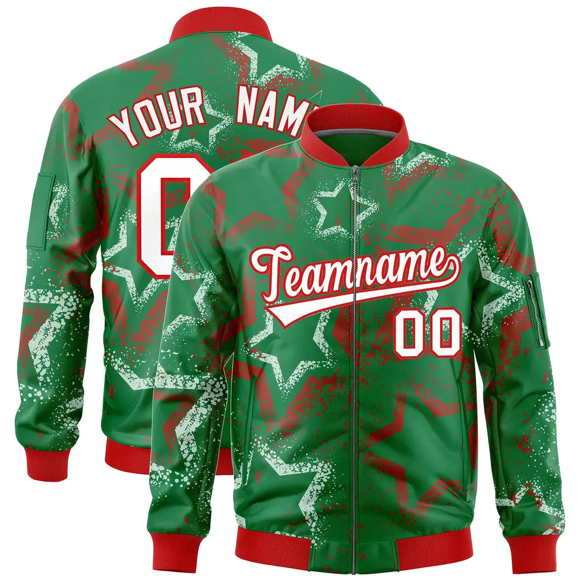 Kelly Green Star Pattern Varsity Letterman Bomber Jacket