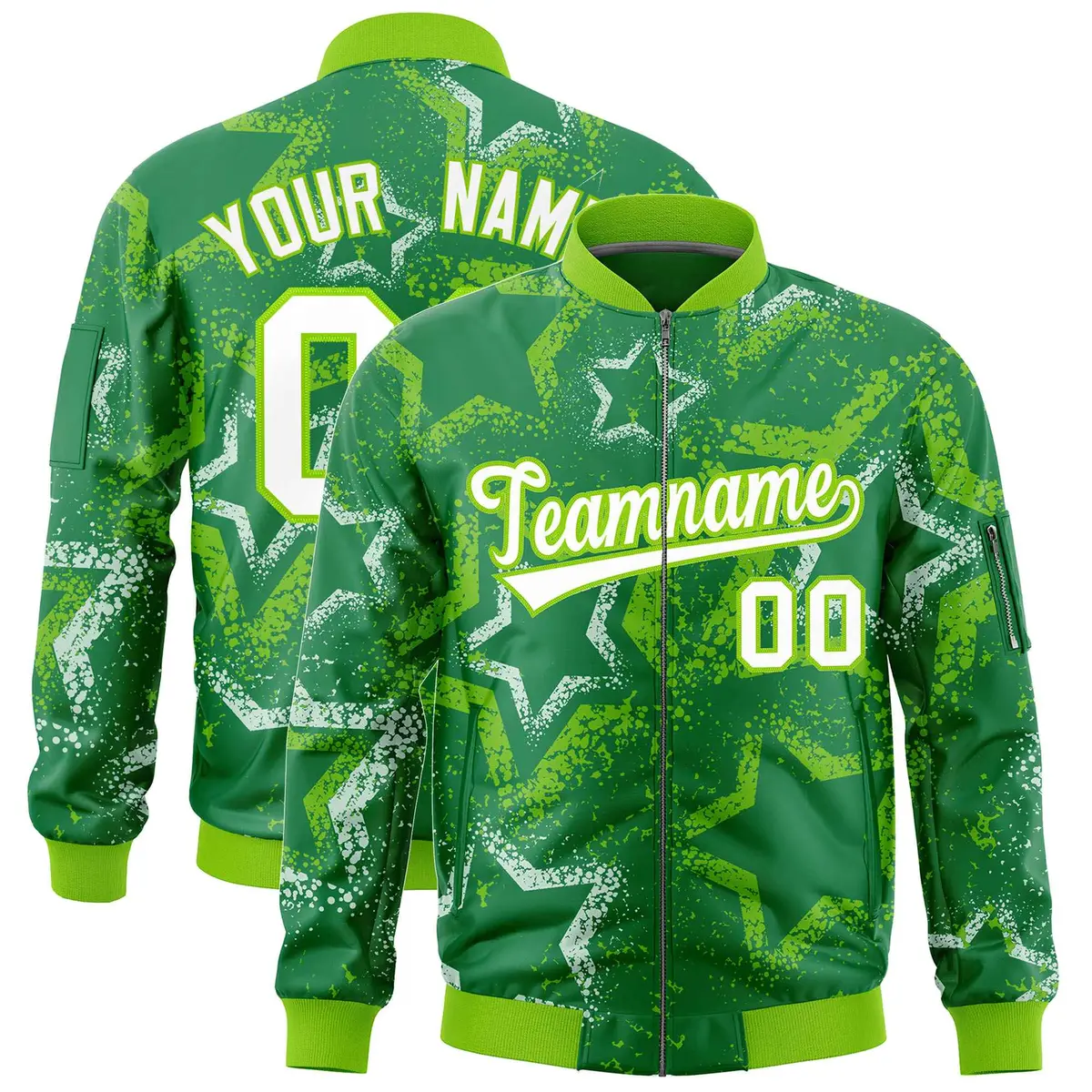 Kelly Green Star Pattern Varsity Letterman Bomber Jacket