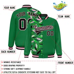 Kelly Green Two Tone Split Flower Pattern Varsity Letterman Jacket 2