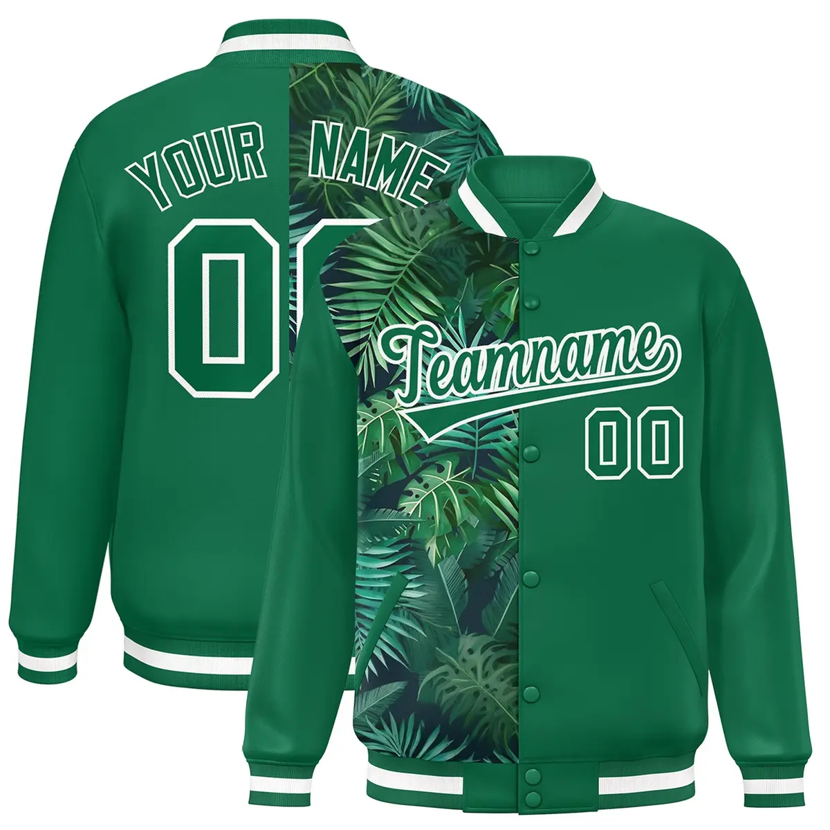 Kelly Green Two Tone Split Flower Pattern Varsity Letterman Jacket
