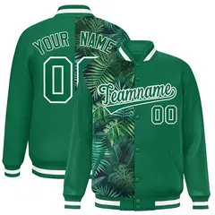 Kelly Green Two Tone Split Flower Pattern Varsity Letterman Jacket