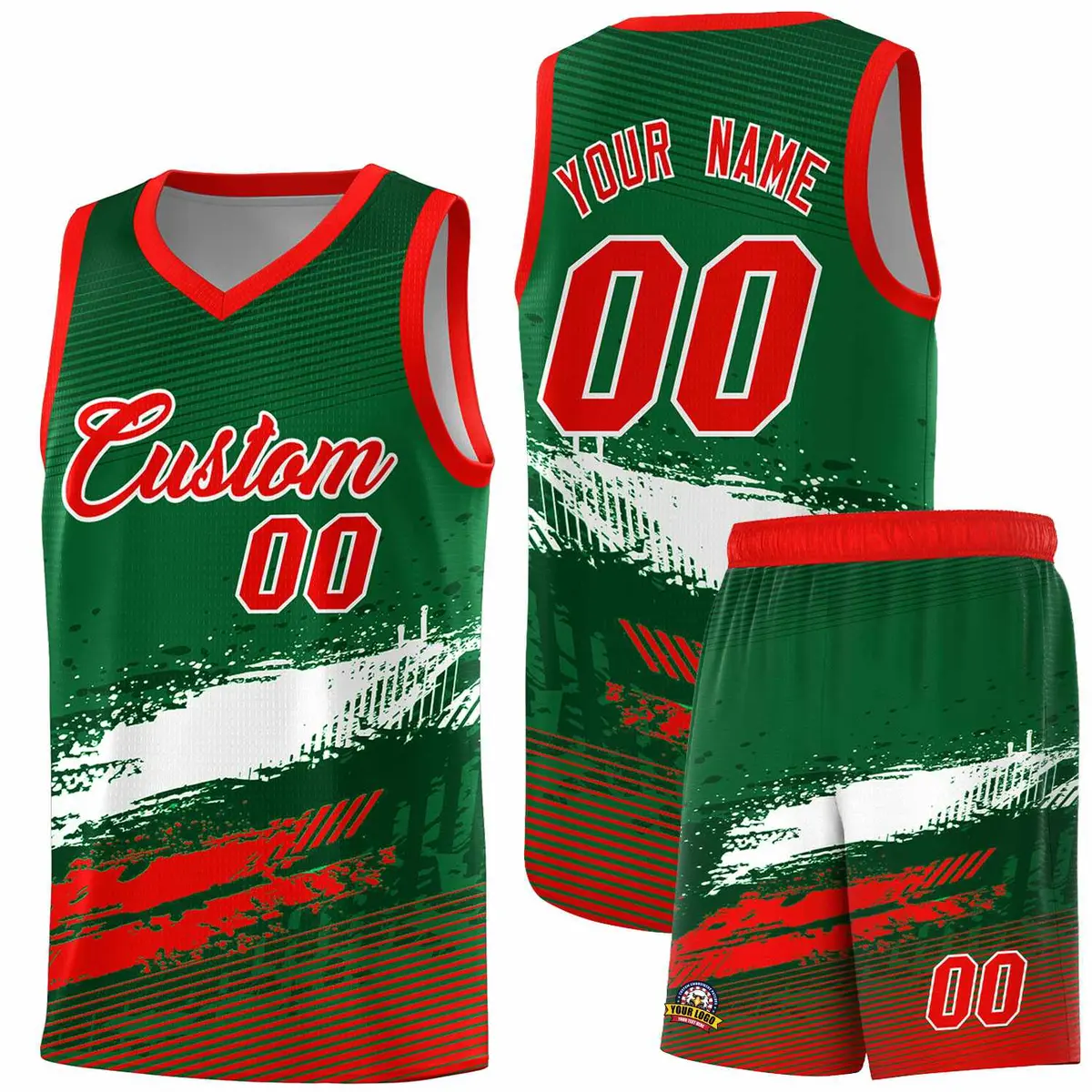 Kelly Green White and Red Graffiti Basketball Jersey