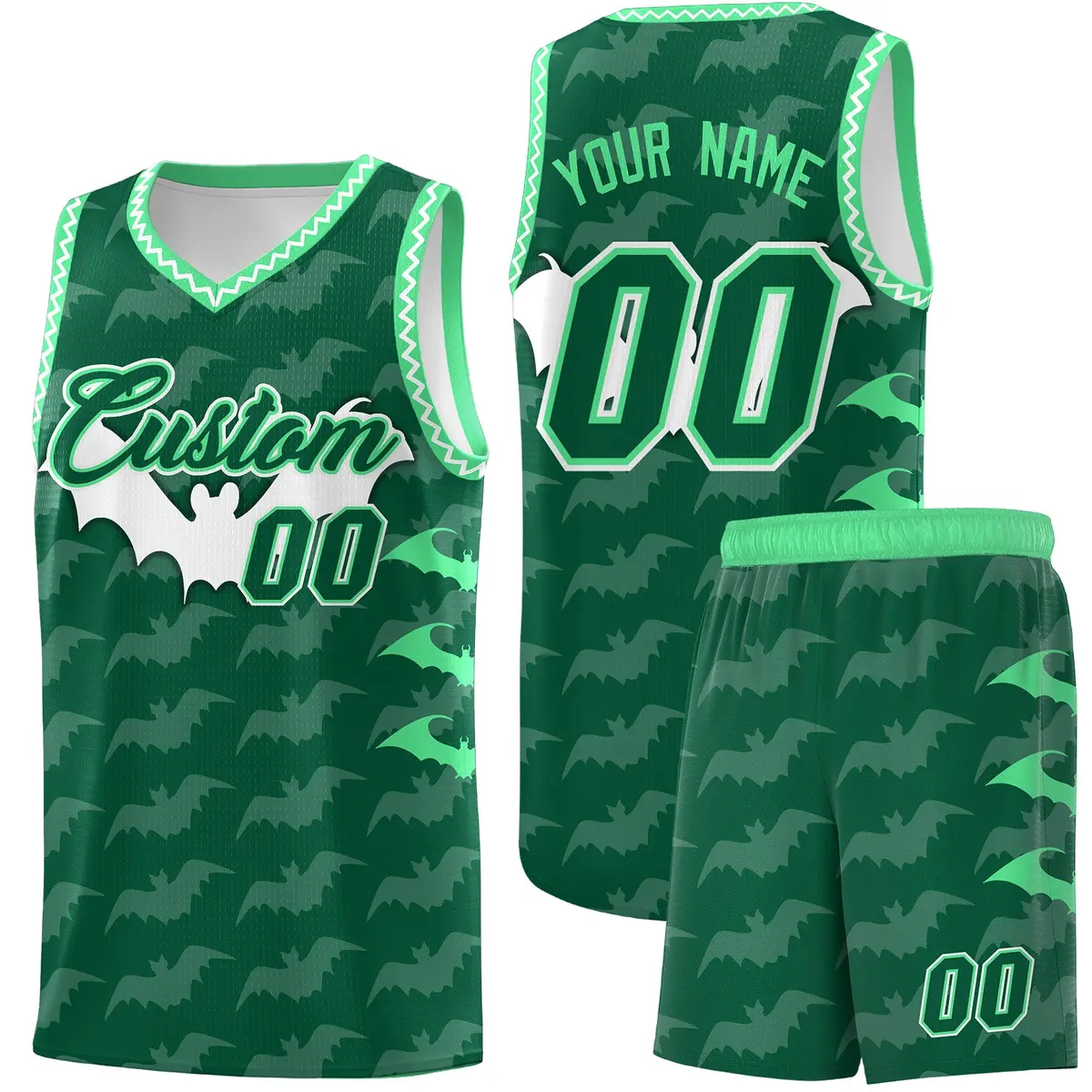 Kelly Green White Bat Pattern Halloween Basketball Jersey