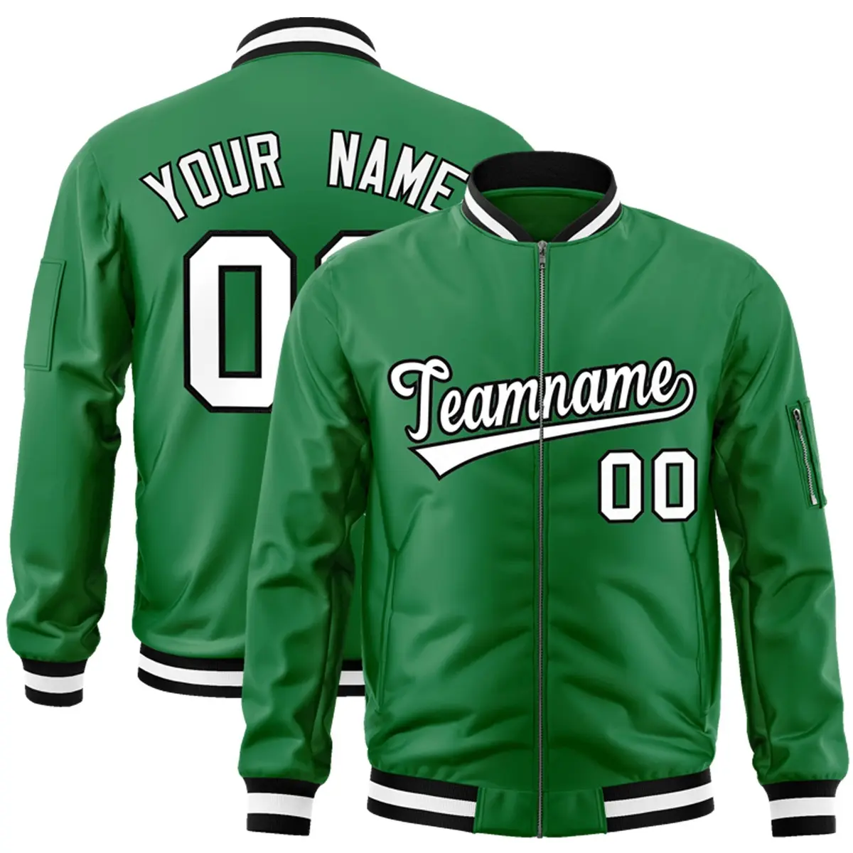 Kelly Green White Black Full-Zip Varsity Letterman Bomber Jacket