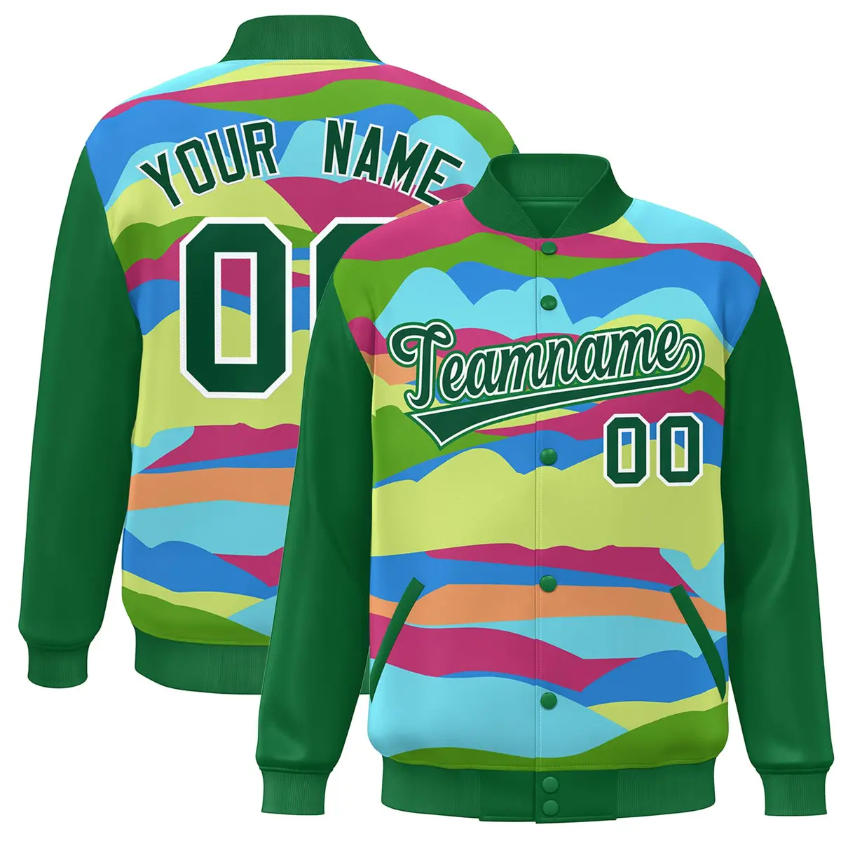 Kelly Green White Clouds Graffiti Varsity Full-Snap Jacket