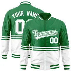 Kelly Green White Color Block Full-Zip Varsity Letterman Bomber Jacket