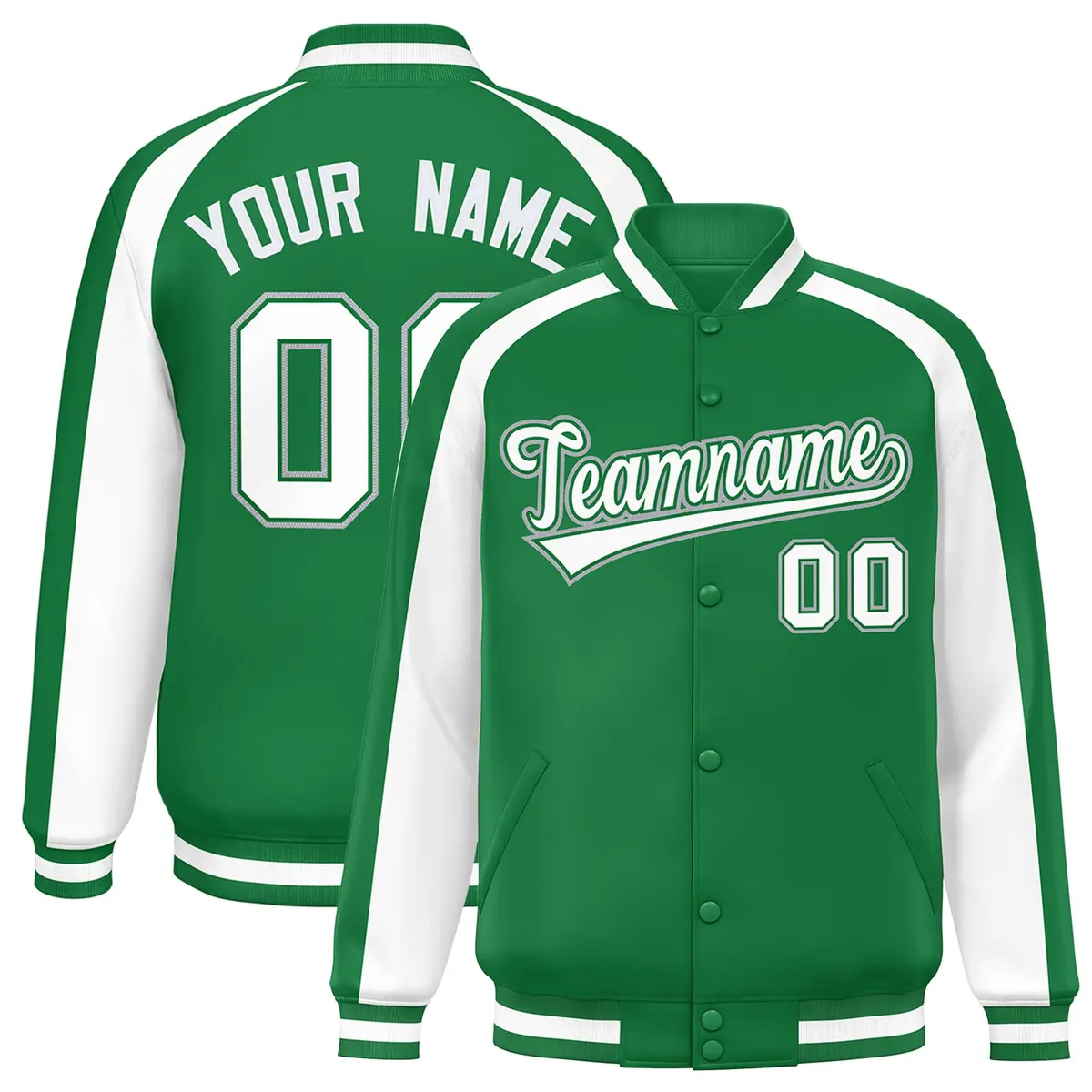 Kelly Green White Color Block Raglan Varsity Letterman Jacket