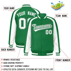 Kelly Green White Color Block Raglan Varsity Letterman Jacket 2