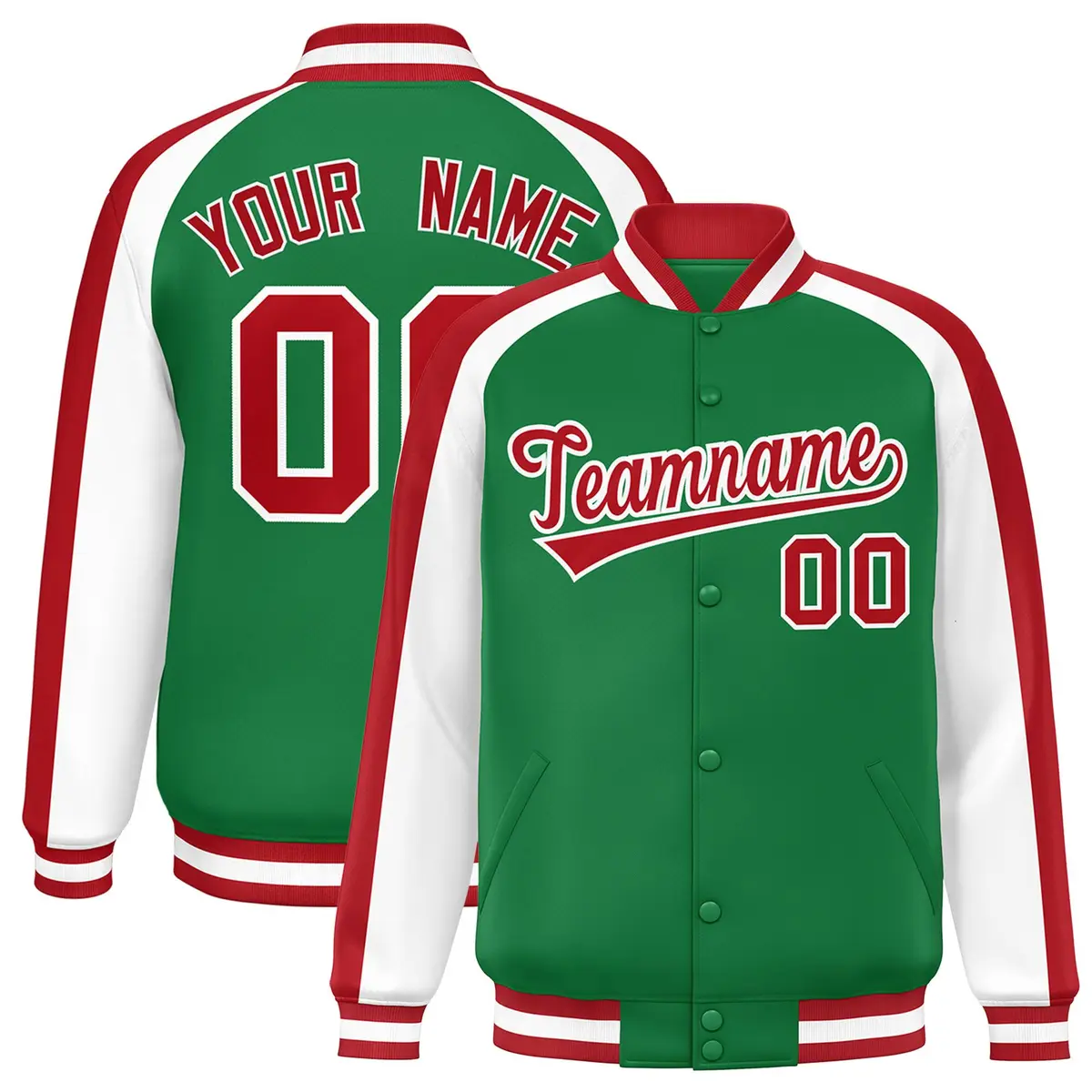 Kelly Green White Color Block Raglan Varsity Letterman Jacket
