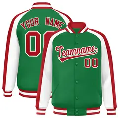 Kelly Green White Color Block Raglan Varsity Letterman Jacket