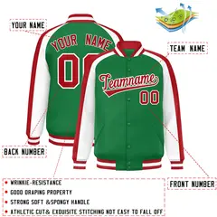 Kelly Green White Color Block Raglan Varsity Letterman Jacket 2