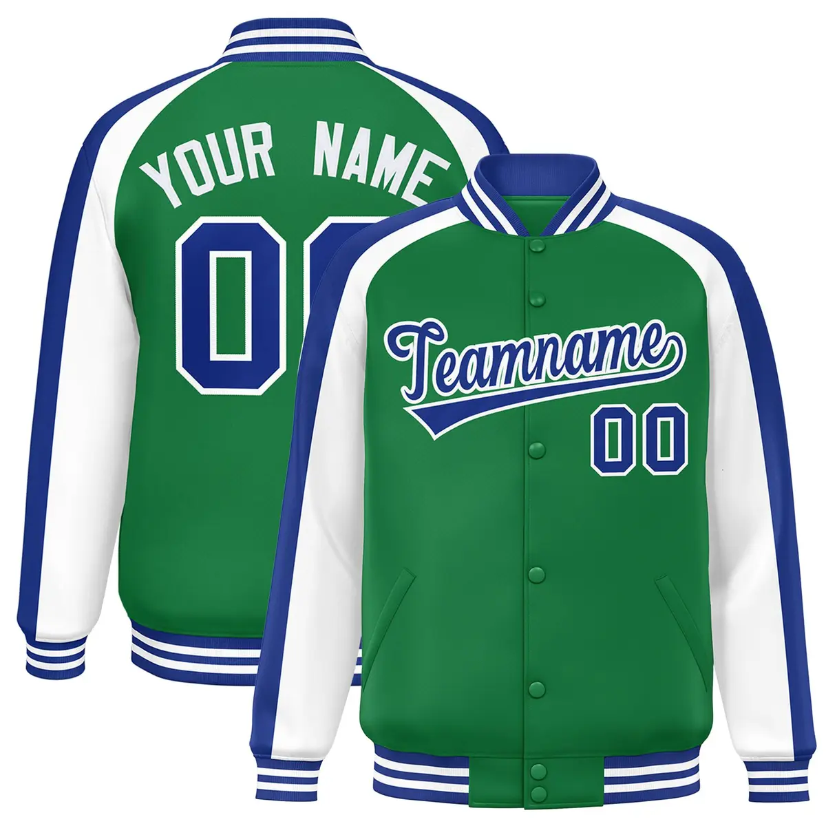 Kelly Green White Color Block Raglan Varsity Letterman Jacket