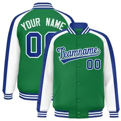 Kelly Green White Color Block Raglan Varsity Letterman Jacket 1