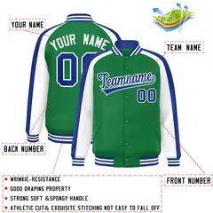Kelly Green White Color Block Raglan Varsity Letterman Jacket 2