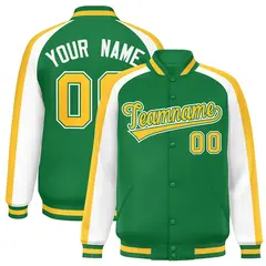 Kelly Green White Color Block Raglan Varsity Letterman Jacket 1