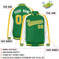 Kelly Green White Color Block Raglan Varsity Letterman Jacket 2