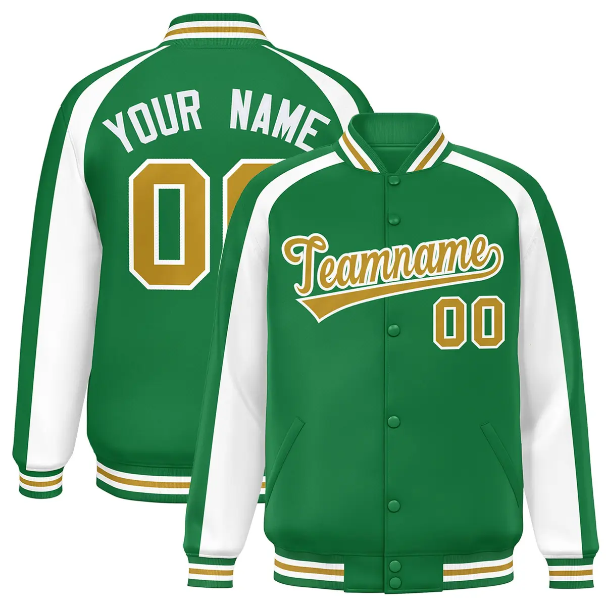 Kelly Green White Color Block Raglan Varsity Letterman Jacket