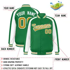 Kelly Green White Color Block Raglan Varsity Letterman Jacket 2