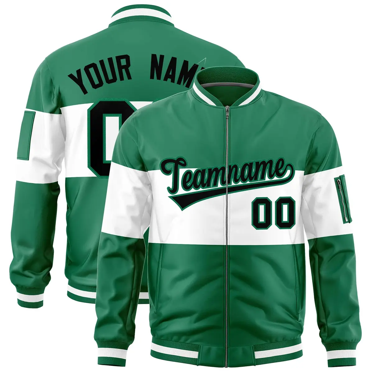 Kelly Green White Color Block Varsity Letterman Bomber Jacket
