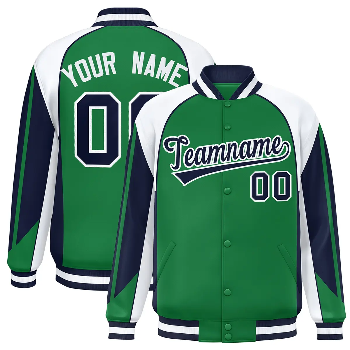 Kelly Green White Color Block Varsity Raglan Letterman Jacket