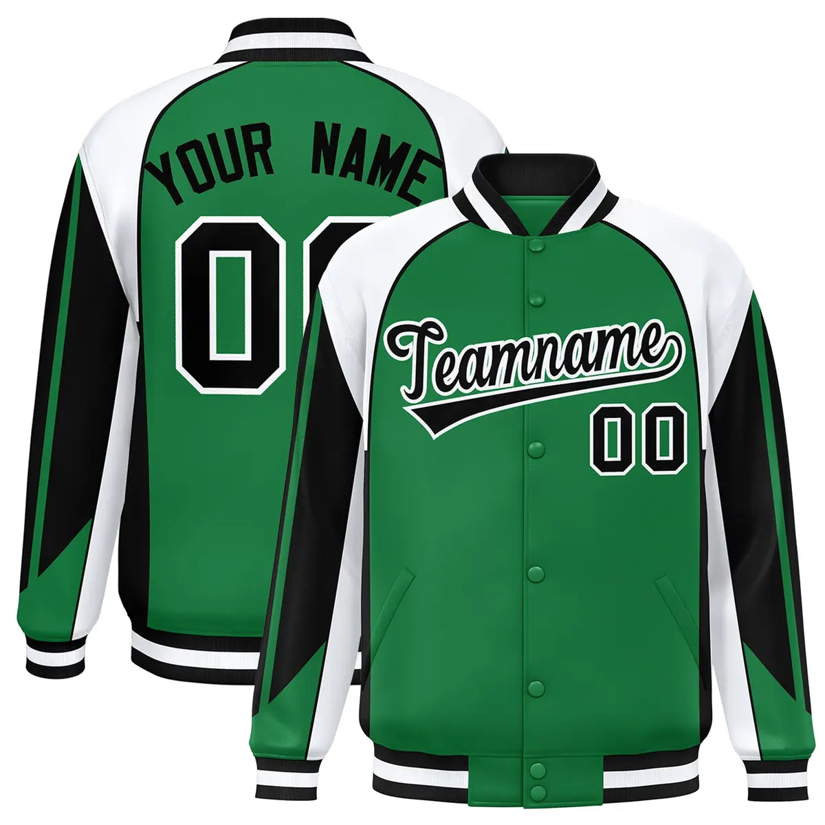 Kelly Green White Color Block Varsity Raglan Letterman Jacket