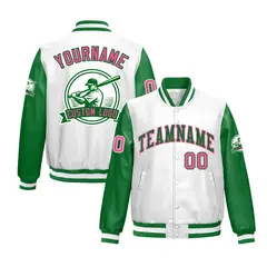 Kelly Green White Faux Leather Letterman Jacket Raglan Full-Snap 1