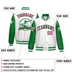 Kelly Green White Faux Leather Letterman Jacket Raglan Full-Snap 2