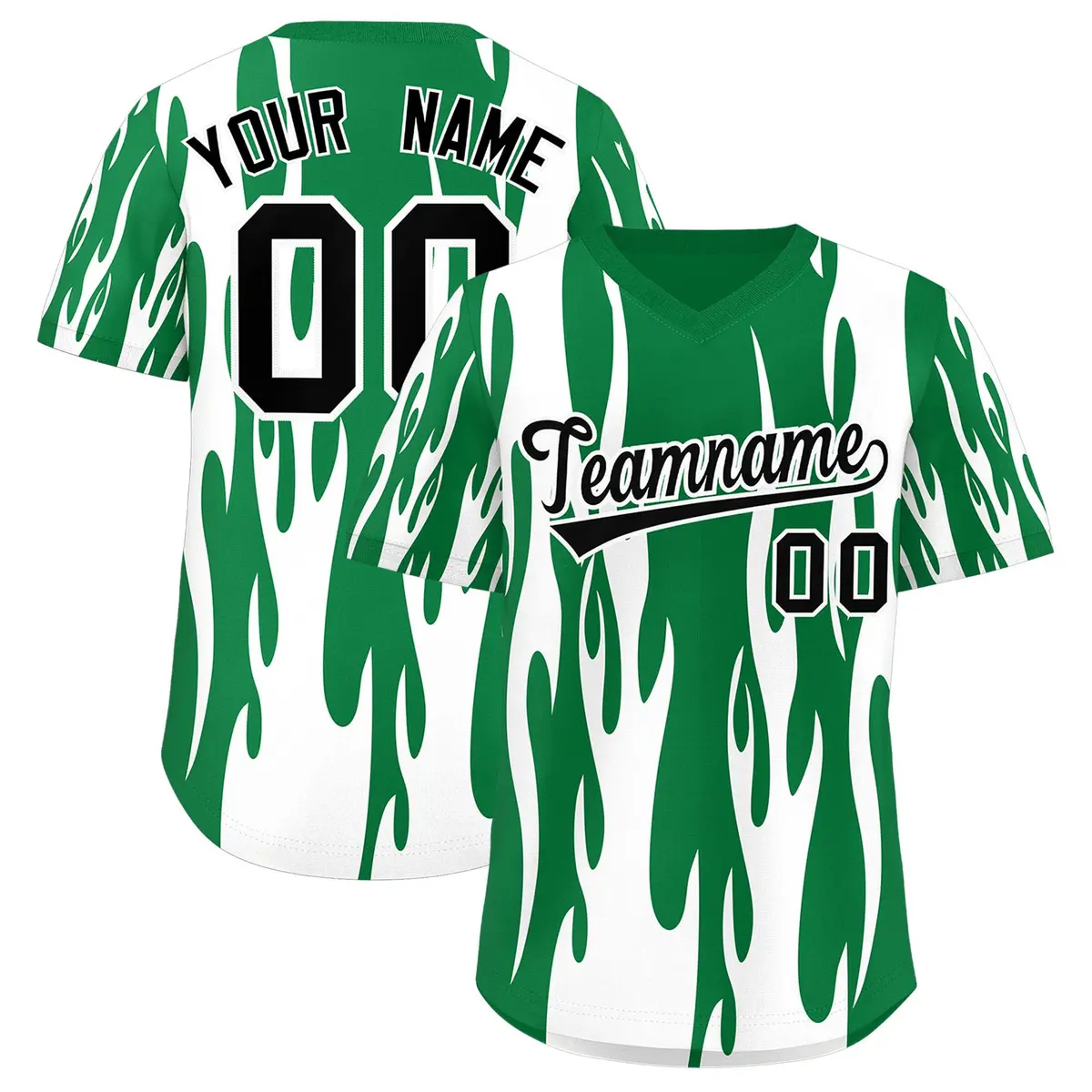 Kelly Green White Flame Pattern Pullover Baseball Jersey