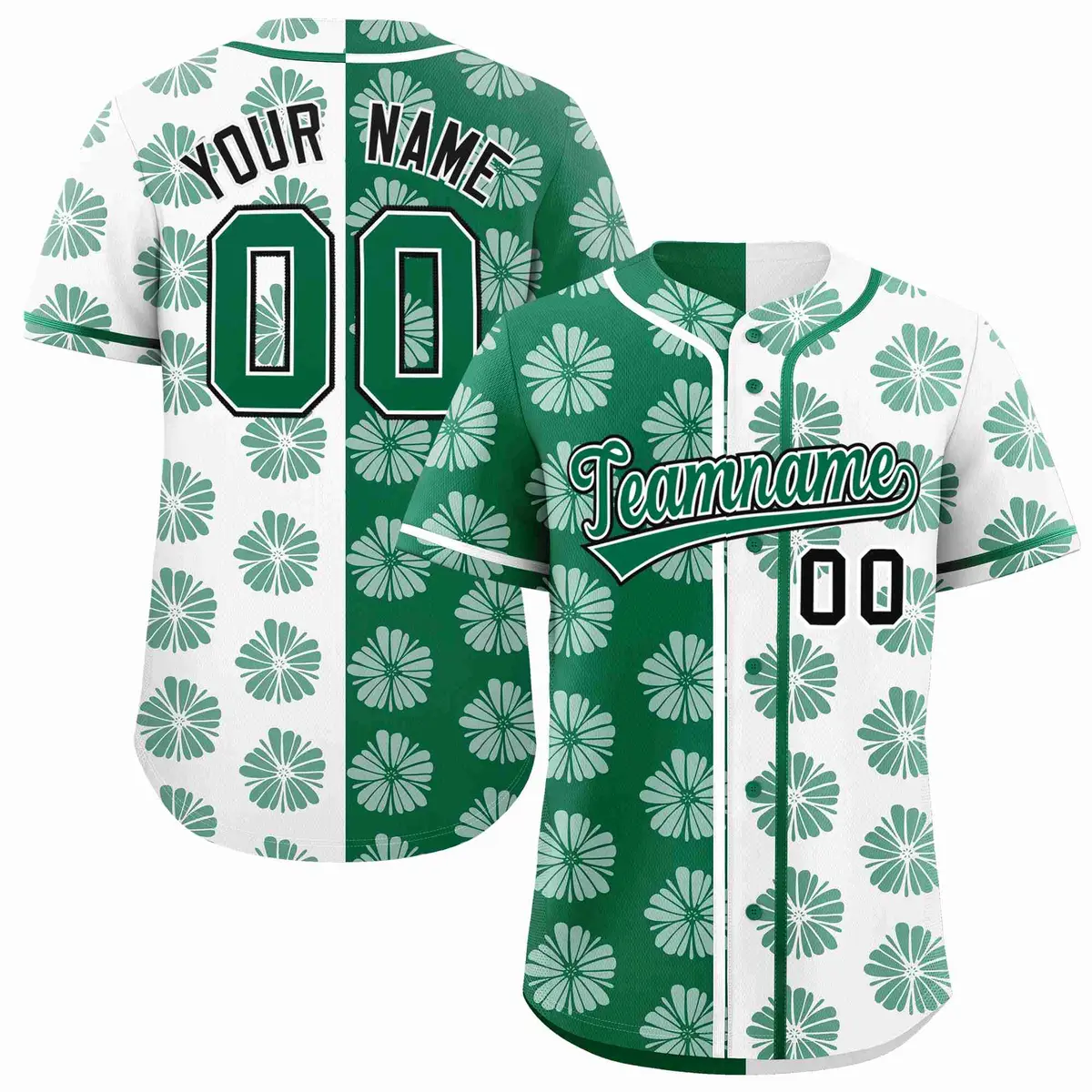 Kelly Green White Flower Graffiti Split Baseball Jersey