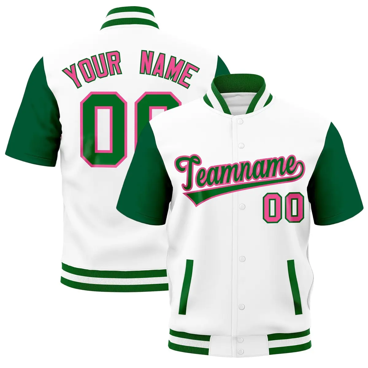 Kelly Green White Full-Snap Short Sleeve Varsity Jacket