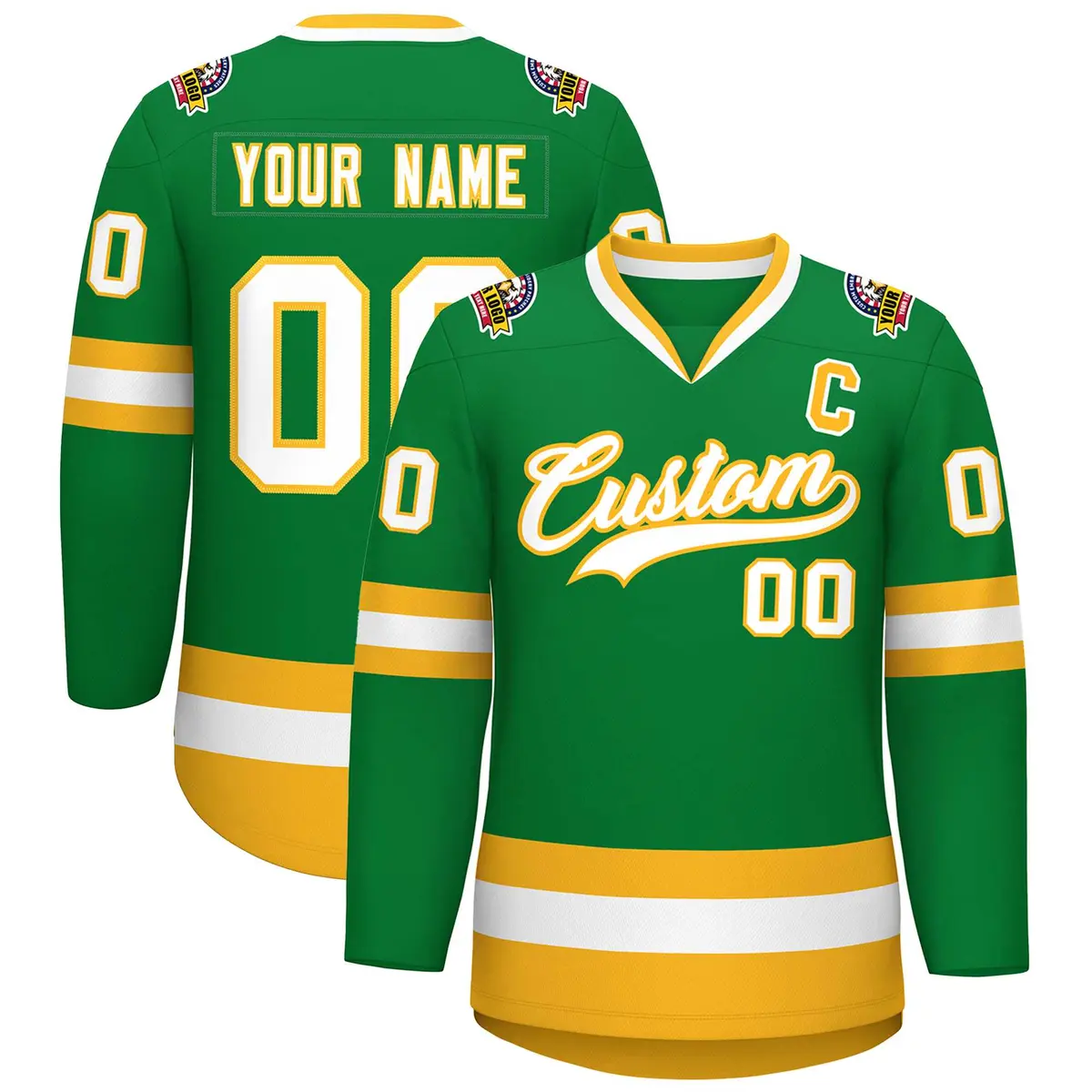 Kelly Green White-Gold Classic Style Hockey Jersey