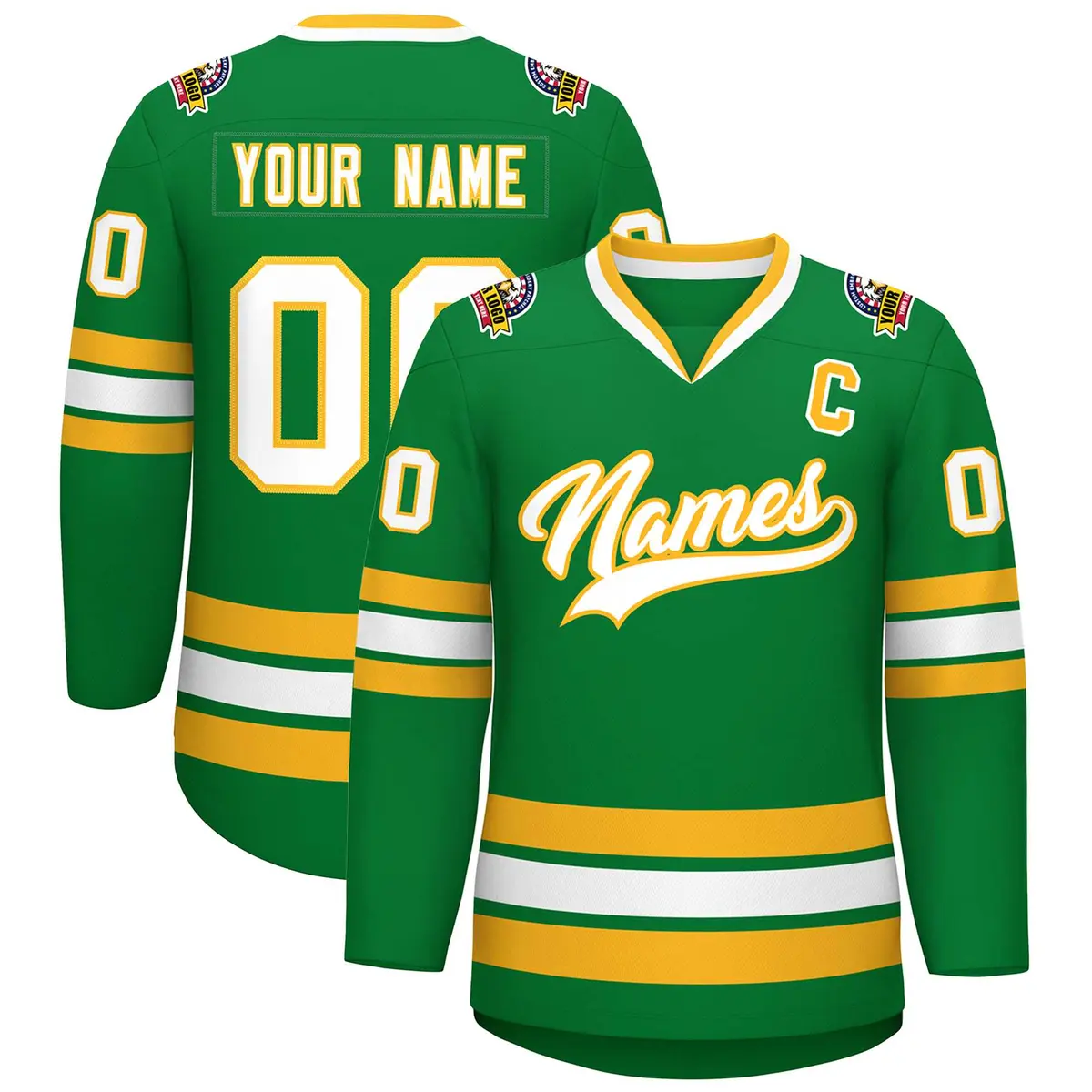 Kelly Green White-Gold Classic Style Hockey Jersey
