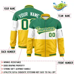 Kelly Green White-Gold Color Block Full-Zip Varsity Letterman Bomber Jacket 2