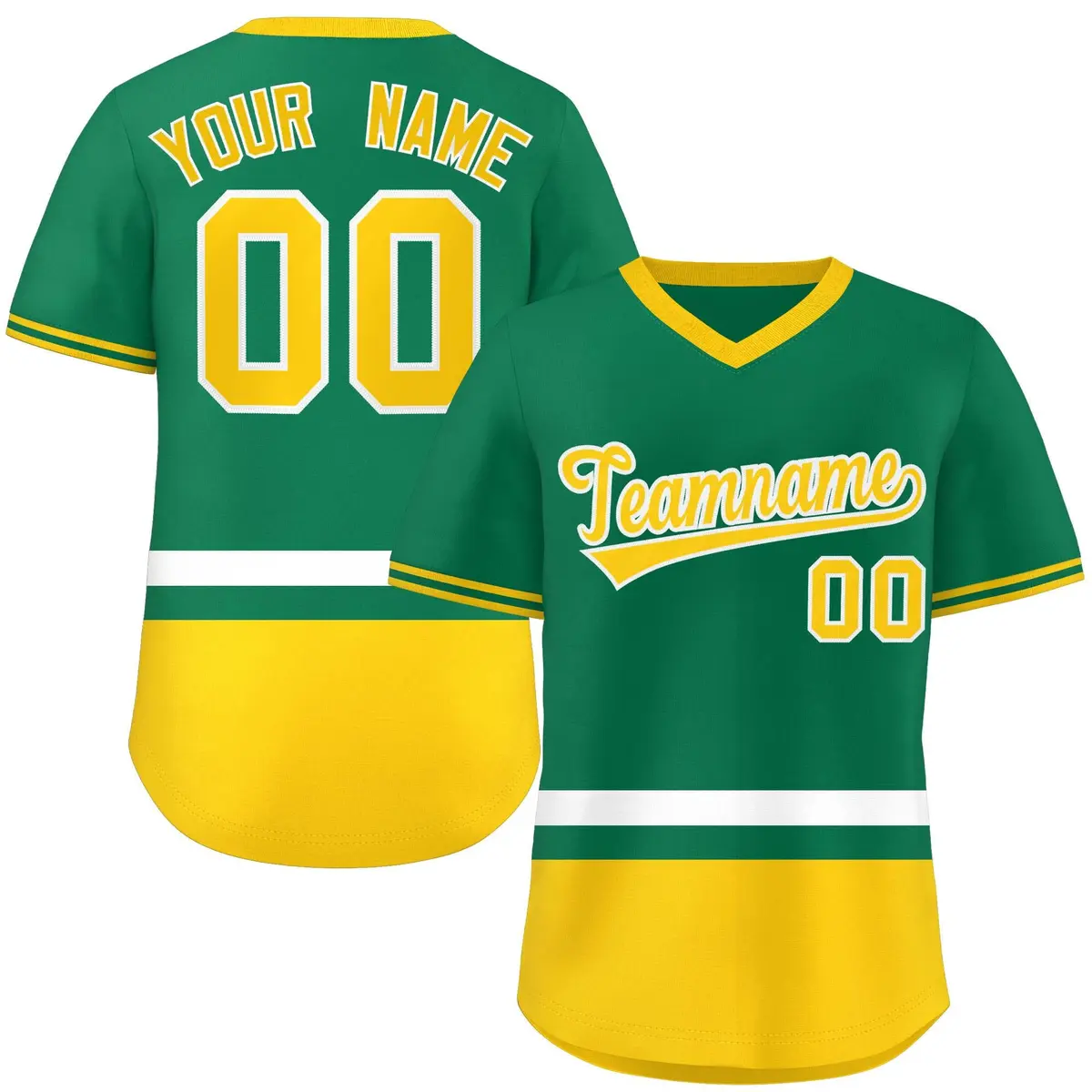 Kelly Green White-Gold Color Block V-Neck Baseball Jersey