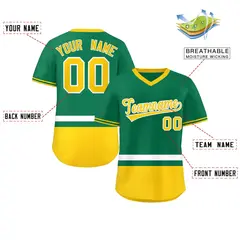 Kelly Green White-Gold Color Block V-Neck Baseball Jersey 2