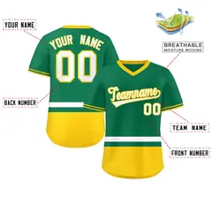 Kelly Green White-Gold Color Block V-Neck Baseball Jersey 2