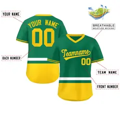 Kelly Green White-Gold Color Block V-Neck Baseball Jersey 2
