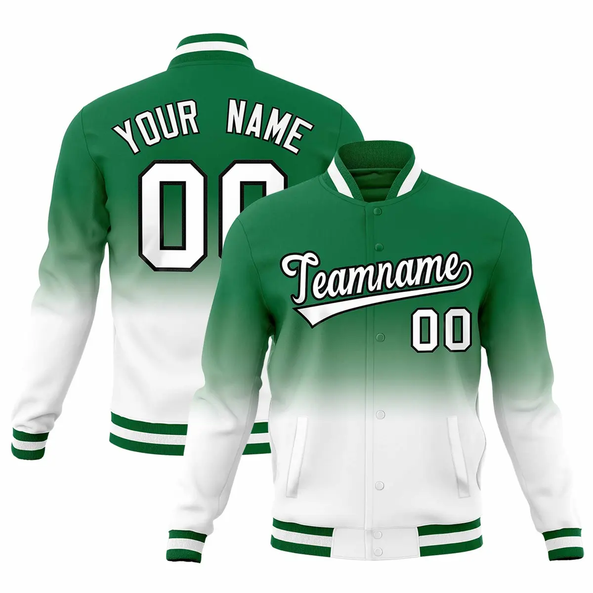 Kelly Green White Gradient Full-Snap Varsity Letterman Jacket