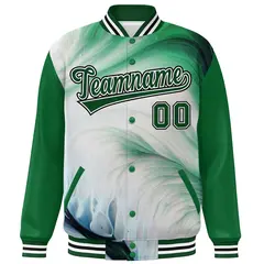 Kelly Green-White Graffiti Tie Dye Ink Paint Varsity Letterman Jacket 3