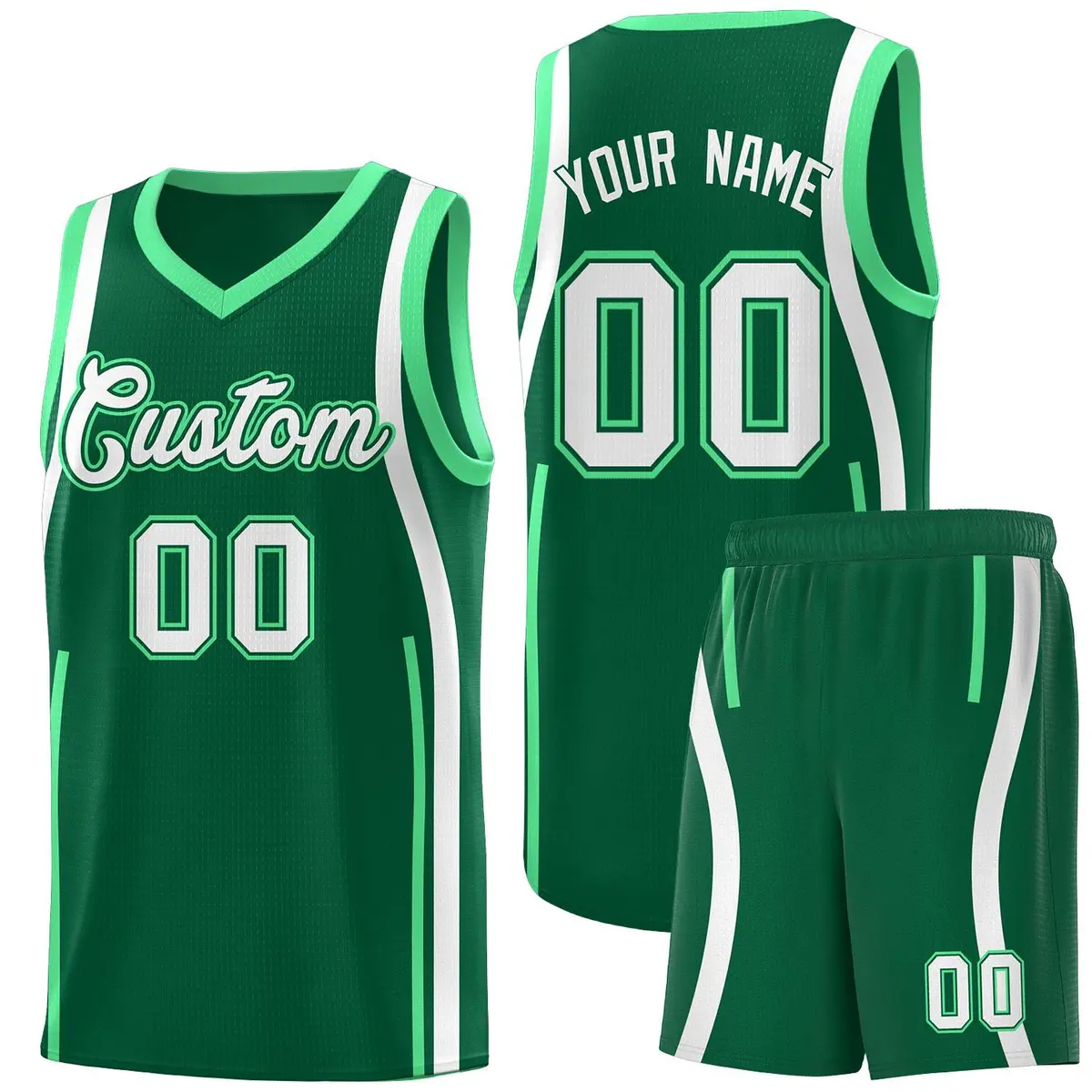 Kelly Green White-Green Ribbon Pattern Basketball Kits