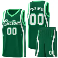 Kelly Green White-Green Ribbon Pattern Basketball Kits 1