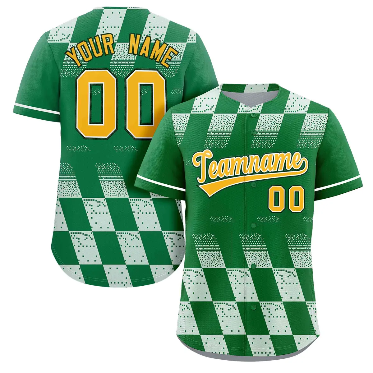 Kelly Green White Grid Speckles Color Block Baseball Jersey