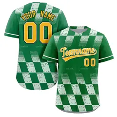 Kelly Green White Grid Speckles Color Block Baseball Jersey