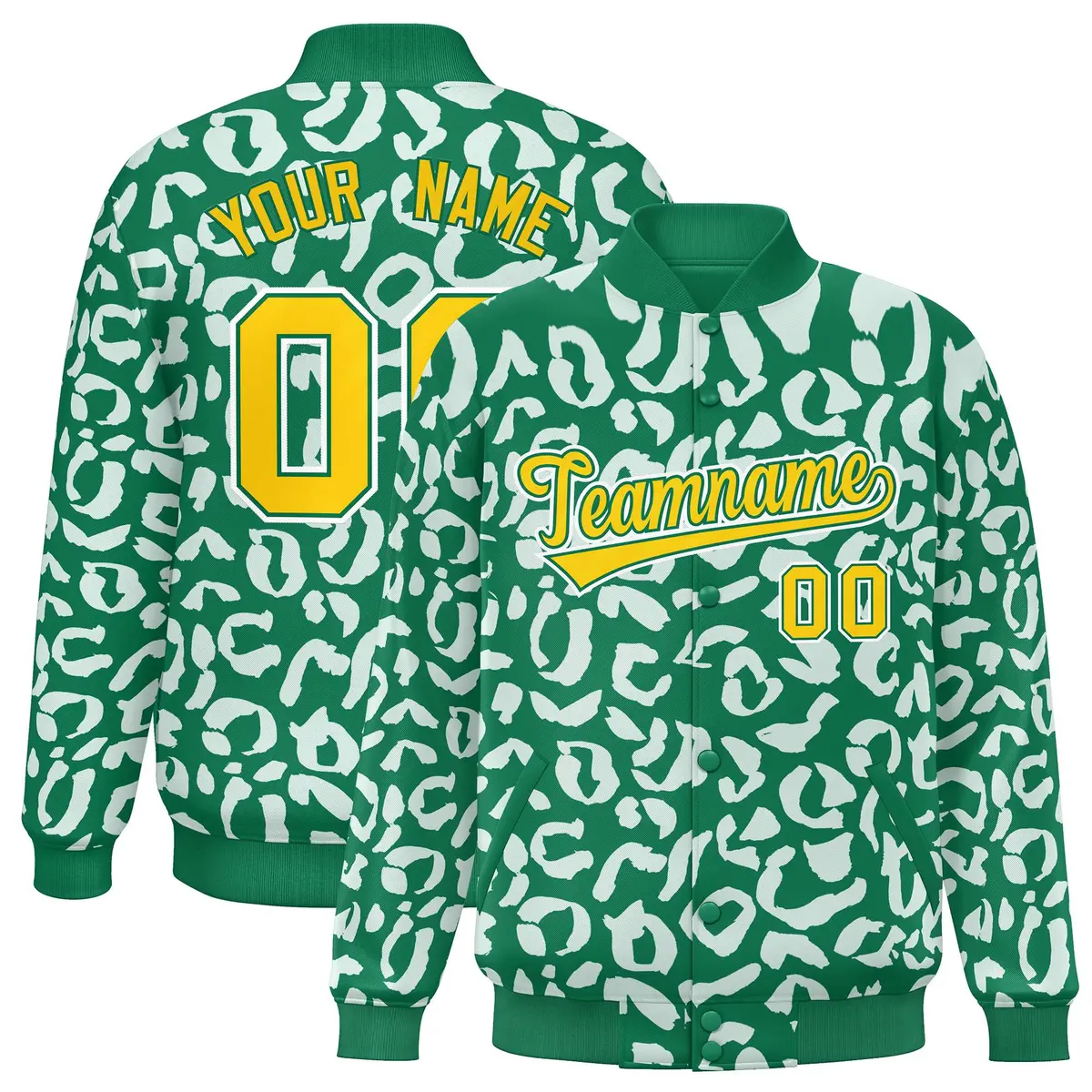 Kelly Green White Leopard Graffiti Varsity Letterman Jacket