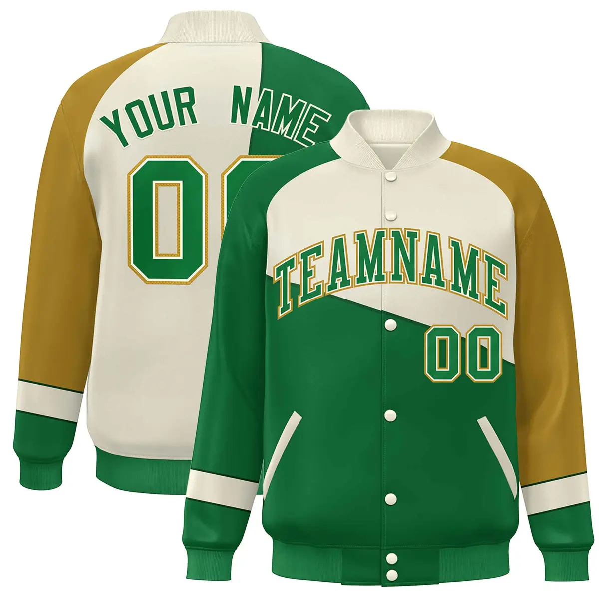 Kelly Green White-Old Gold Color Block Varsity Full-Snap Baseball Jacket