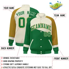 Kelly Green White-Old Gold Color Block Varsity Full-Snap Baseball Jacket 2