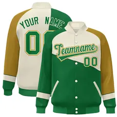 Kelly Green White-Old Gold Color Block Varsity Full-Snap Baseball Jacket